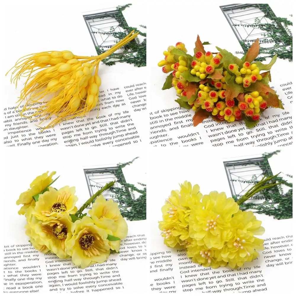 6/10/12/50/60/70/90/144pcs Mixed Yellow Flower Cherry Stamen Berries