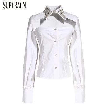 

SuperAen Europe Fashion Shirt Women 2020 Summer New Wild Cotton Ladies Blouses and Tops Beaded Sexy Women Clothing