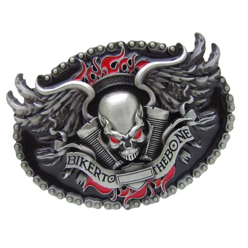 BIKER TO THE BONE Skull Head Vintage Oval Belt Buckle Western Cowboy Mens Accesories