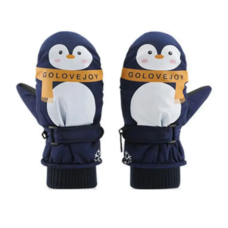 Детские Водонепроницаемые перчатки с рисунком пингвина для мальчиков и девочек, двухслойные ребристые манжеты, регулируемые противоскользящие зимние Лыжный ветрозащитный варежки, От 7 до 12 лет - Цвет: Navy Blue
