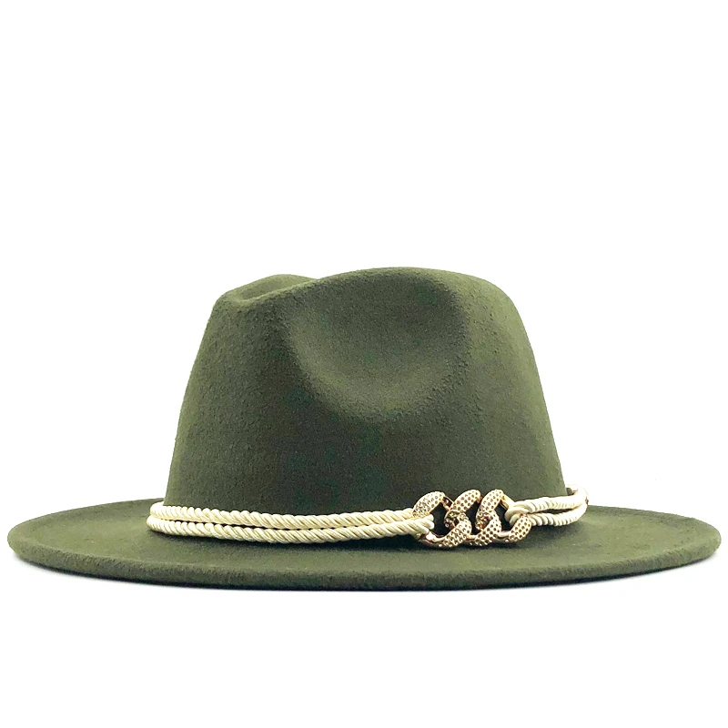 Black Wool Felt Jazz Fedora Hats Belt Buckle Decor Women Unisex Wide Brim Panama Trilby Cowboy Cap Sunhat 3