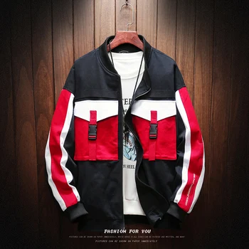 

Pop Japanese Loose Mens Baseball Jackets High Street VogueJacket Nice Men Big Pocket Patchwork Tooling Jacket Coat Plus Size
