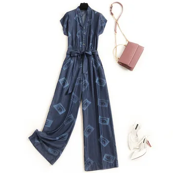 

Women fashion Tencel jeans jumpsuits and rompers 2020 summer V-neck short sleeve sashes print casual overalls blue