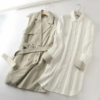 

Spring Autumn OL Sets Women's Dresses Temperament Lapel Long Lantern Sleeve Shirt + Vest Dress Two-piece Sets Femme