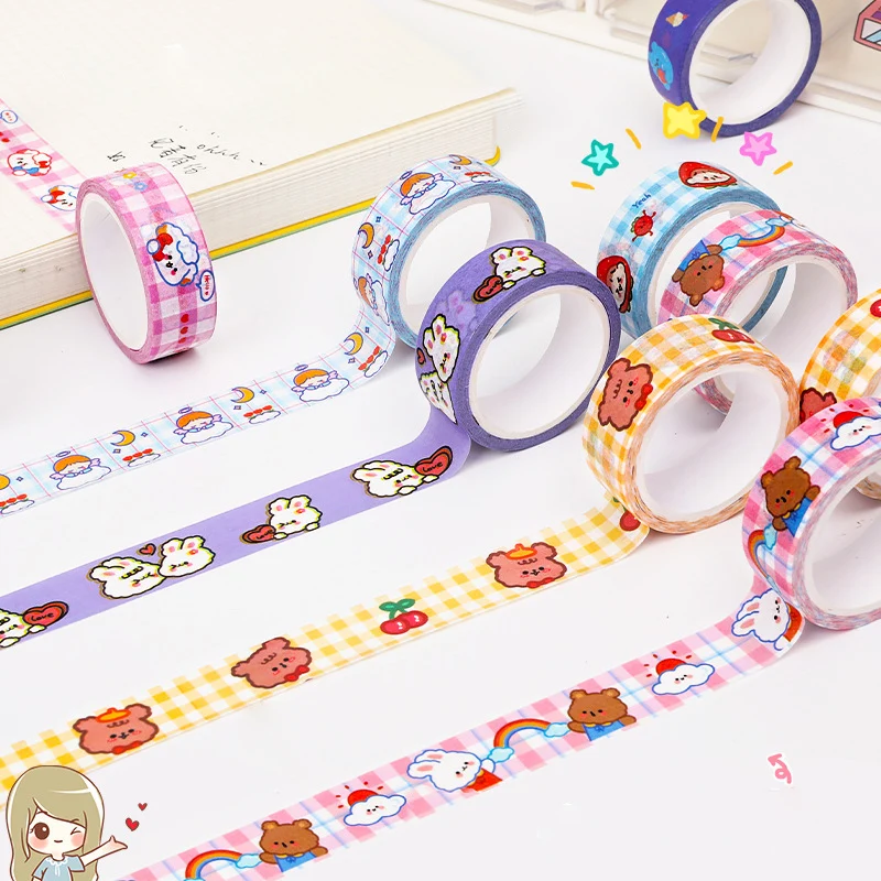Conjunto de cintas Washi Kawaii de oso y conejo, cinta adhesiva de papel japonés, pegatinas, artículos de papelería para decoración, colección de recortes, 1,5 cm x 5m