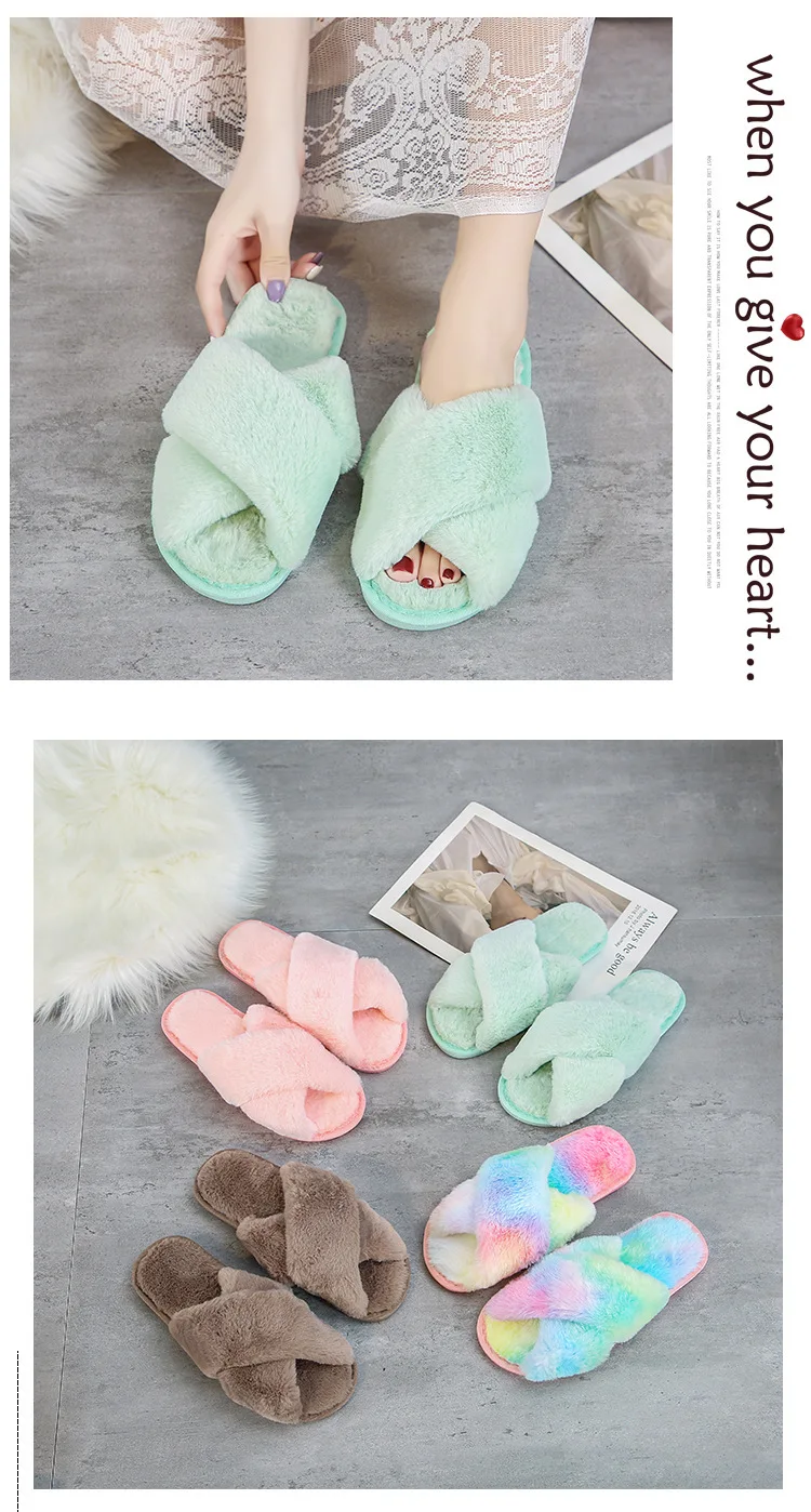 Large Size Women Home Slippers Rainbow Winter Warm Comfort Shoes 2020 New Woman Slip on Flats Slides Female Faux Fur Slippers