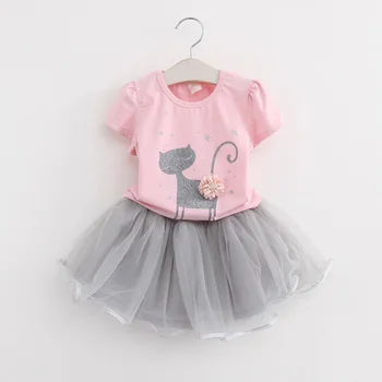 

Bear Leader Girl Party Dress New Summer Kids Lovely Princess Dress Cartoon Cat Children Clothes Girl Top and Skirt Suit Vestidos