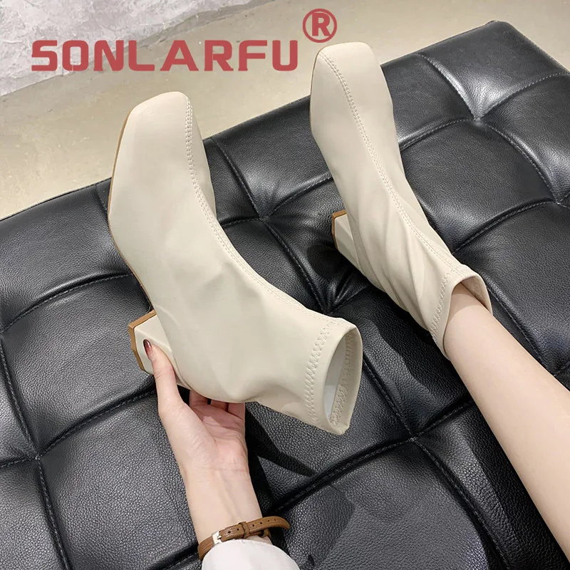 

Tide shoes summer New Martin boots female square toe in chunky-heel stretch thin boots short boots