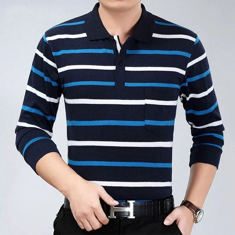 Men Polos Long-Sleeve Striped Casual 100%Cotton Solid-Color Mens High-Quality New
