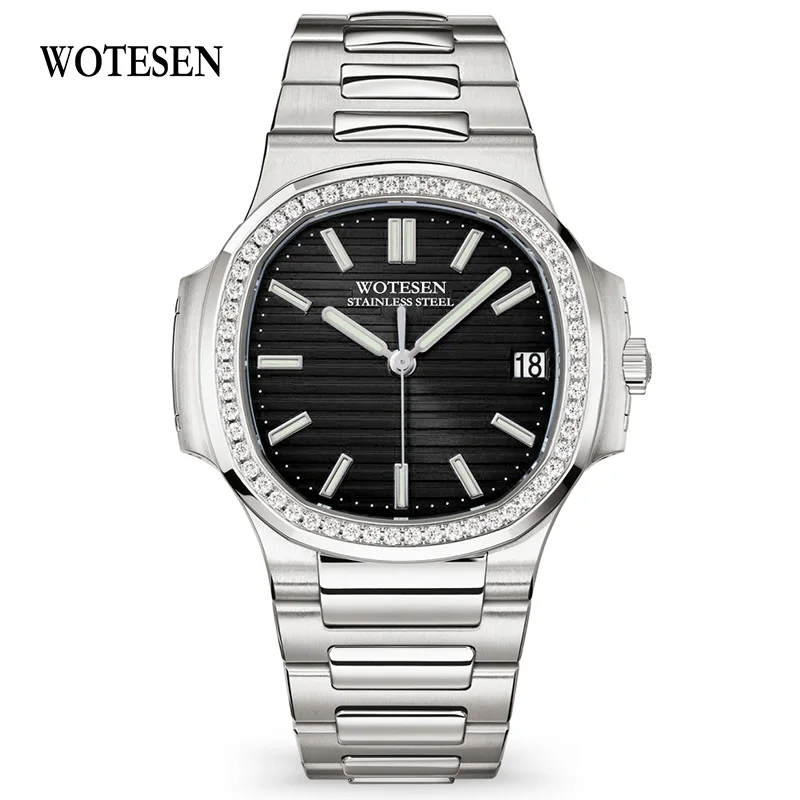 Silver Black WOTESEN мужские часы с бриллиантами лучший бренд Роскошные часы Мужские кварцевые Стальные армейские часы хронограф мужские наручные часы для бизнеса - Цвет: Silver Black