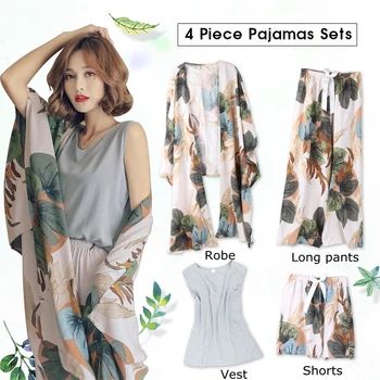 

JULY'S SONG 4 Piece Spring Summer Women Pajamas Sets Floral Printed Viscose Robe Top and Shorts Female Sleepwear Night Suit