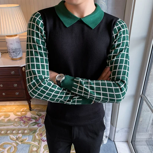 Мужская облегающая в клетку комбинированная деловая повседневная трикотажная пуловер, свитер для мужчин джемпер с отложным воротником свитер осень зима - Цвет: black green