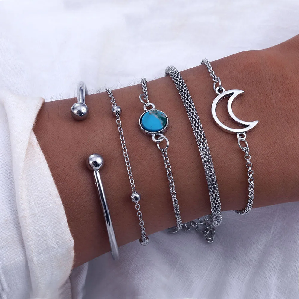 Женский винтажный браслет с манжетами Boho Серебристый подвеской в виде Луны