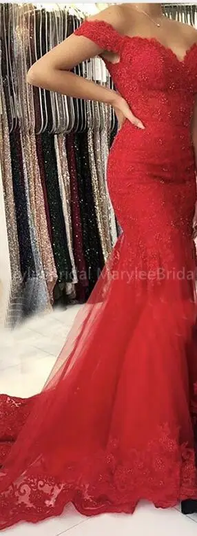 Красное Длинное Платье de soiree с открытыми плечами с юбкой-годе вечерние платья с аппликациями черные вечерние платья vestido de festa с коротким шлейфом - Цвет: Red