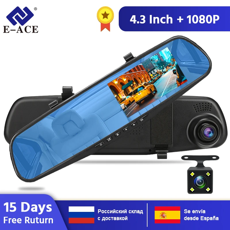 E-ACE Car DVR Mirror Dash Camera FHD 1080P Video Recorder Dual Lens With Rear View Camera Auto Regi