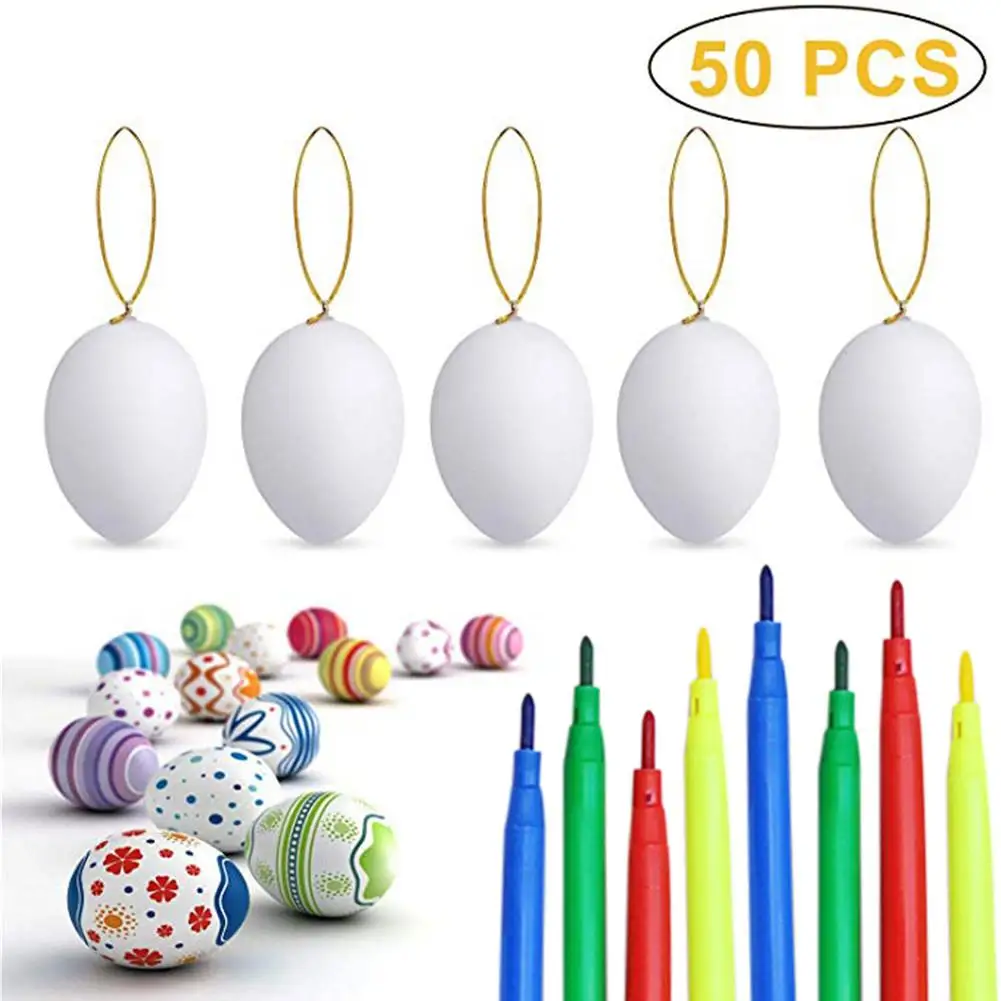 50PCS Easter White Hanging Plastic Eggs With Rope Artificial Eggs DIY