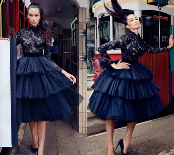 

Black Cake Style Tulle Dress Lace Appliques Tops Hight Neck Dress for Evening Party