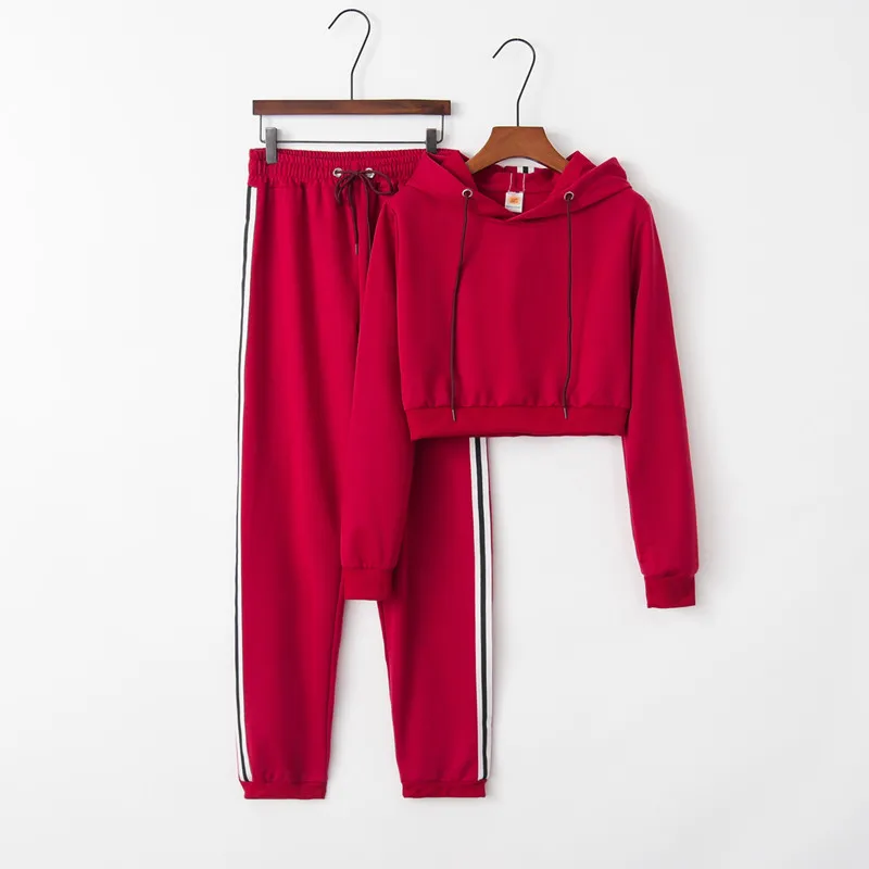 

Fall 2020 Ladies Suit 2-Piece Set Solid Color Side Stripe Pants Hoodie Suit Sportswear Ladies Casual Sportswear Suit S-XL Size