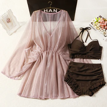 

sexy bikini women South Korea bathing suit Bikini Set Women Flora V-neck High-waisted 3 Piece Swimsuit 2020 Girl Beach