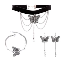 Винтажные серебристого цвета Бохо Наборы украшений с бабочкой кристаллический крючок серьги Стеклянные Браслеты регулируемые для женщин модные ювелирные изделия