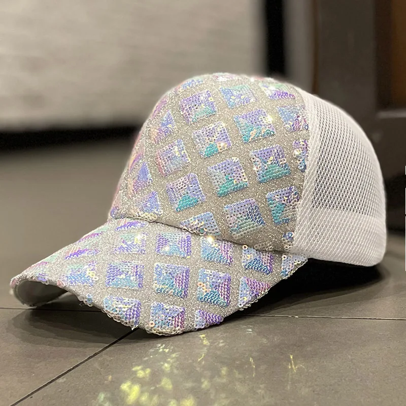 Secuos Arc-en-Ciel Paillettes Paillette Bling Brillant Maille Casquette De  Baseball Frappant Assez Réglable Femmes Filles Chapeaux pour Fête Club