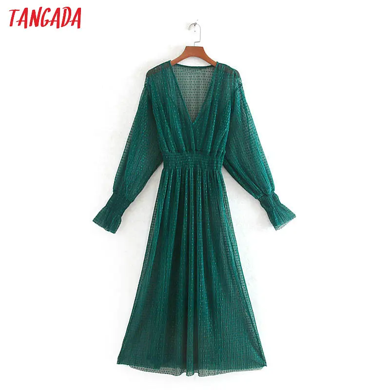 Tangada, модное женское Сетчатое платье в горошек, сексуальное, глубокий v-образный вырез, длинный рукав, винтажное женское платье миди, Vestidos CE208