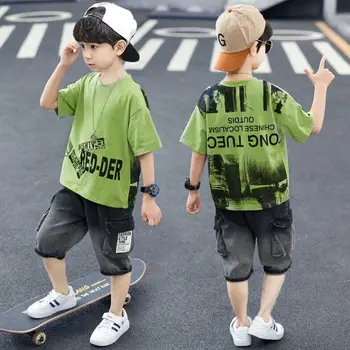 

Kids Boys Clothes Boy Summer Clothing Sets Short sleeve Print Tops Shirt+ demin pant Suits Children Clothes 10 12 14 years
