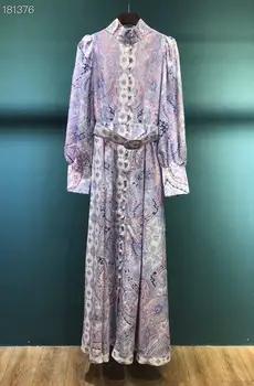 

Elegant Long Dress 2020 Summer New Fashion Design Women Long Sleeve Flowers Print Single Breasted Belt Runway Dress