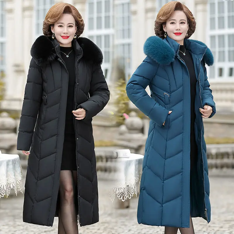 

Women Warm Winter Long Parka Coat 8XL Middle-aged Mother Slim Down cotton Thicken Jacket Female Fur collar Hooded Outwear Parkas