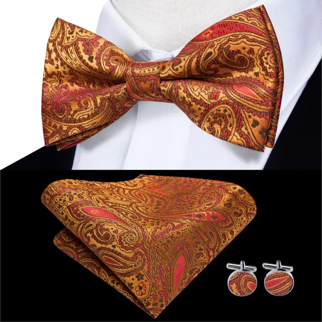 Hi-Tie Classic Black Bow Ties for Men 100% Silk Butterfly Pre-Tied Bow Tie Pocket Square Cufflinks Suit Set Floral Gold Bowties LH-741