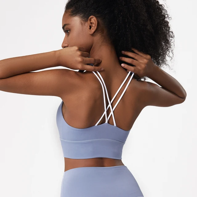 2021 New Top Woman Sports Bra Push Up Hollow Backless Cross Shoulder Straps Lulu Yoga Bra Pilates Jogging Gym Running Crop Top Blue