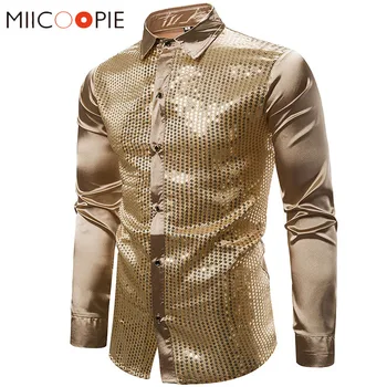 

Shiny Gold Sequin Mens Shirts 2020 New Nightclub Party Stage Dance Prom Costume Glitter Camisa Slin Fit Masculina Men Streetwear