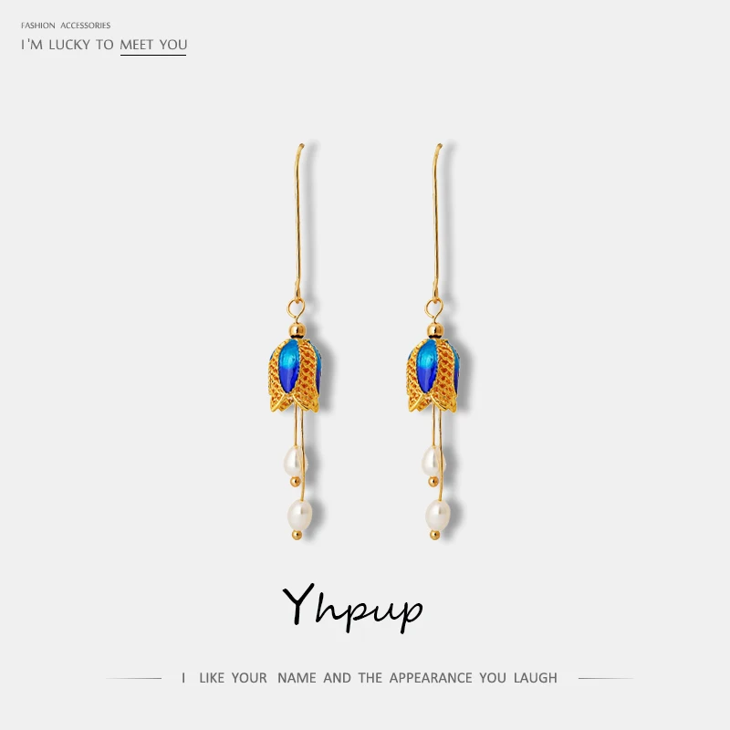 

Yhpup Personality Bell Cloisonne Long Pin Dangle Earrings Natural Pearls Handmade Enamel Statement Jewelry With Gift Box Brincos