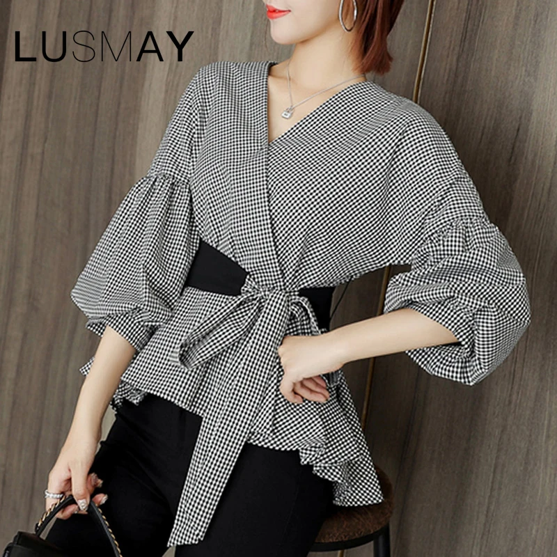 Korean Casual Shirt Women 2020 Spring Summer Plaid Peplum Tops Lantern Sleeve V Neck Ruffle Blouse With Bow | Женская одежда