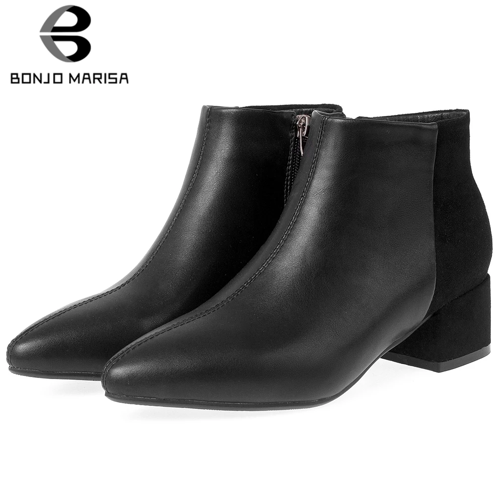 

BONJOMARISA Elegant 31-43 Black Patchwork Booties Ladies Mature Pointed Toe Ankle Boots Women 2019 Chunky Heels OL Shoes Woman