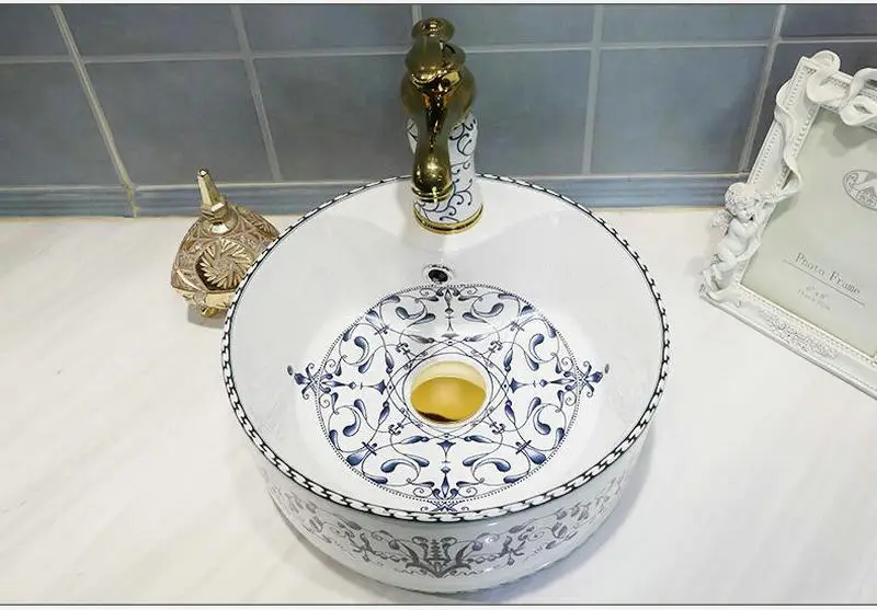 36 см дренаж для чистки засоров в раковине синий и белый фарфор Изысканная раковина для ванны Одно Отверстие Умывальник