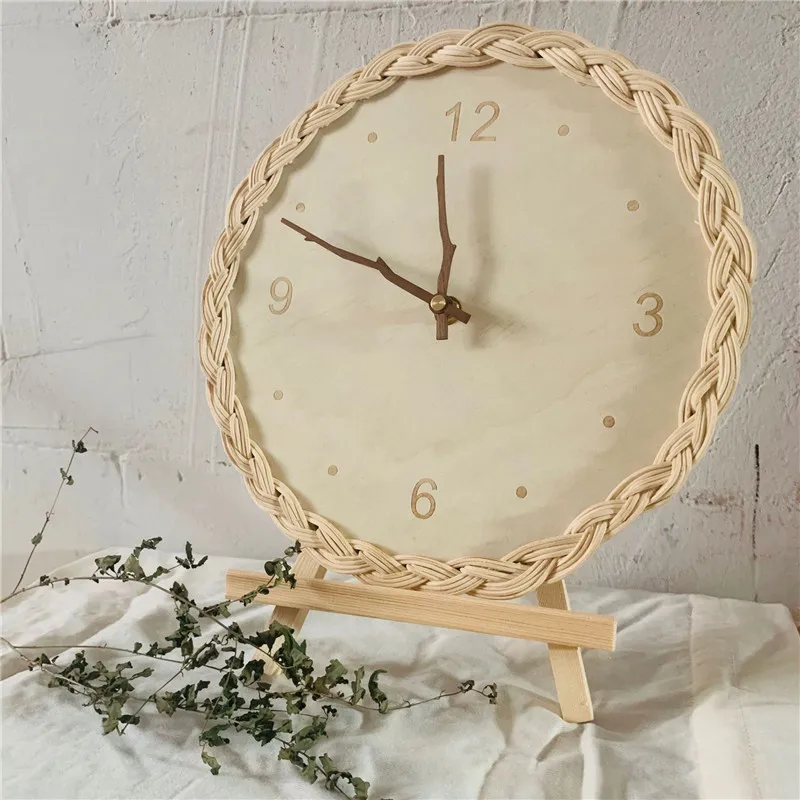 diy wall clock INS Japanese Style Rattan Wall Clock Round Digital Wood Mute Silent Clock Homestay Hanging Ornament Furniture Bedroom Home Decor personalised clock