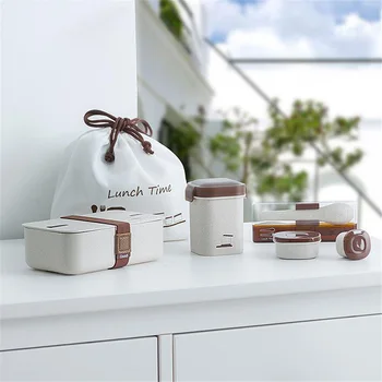 

Wheat Straw Lunch Box Set with Thermal Bag Tableware BPA Free Bento Box Microwavable Food Container School Office Picnic