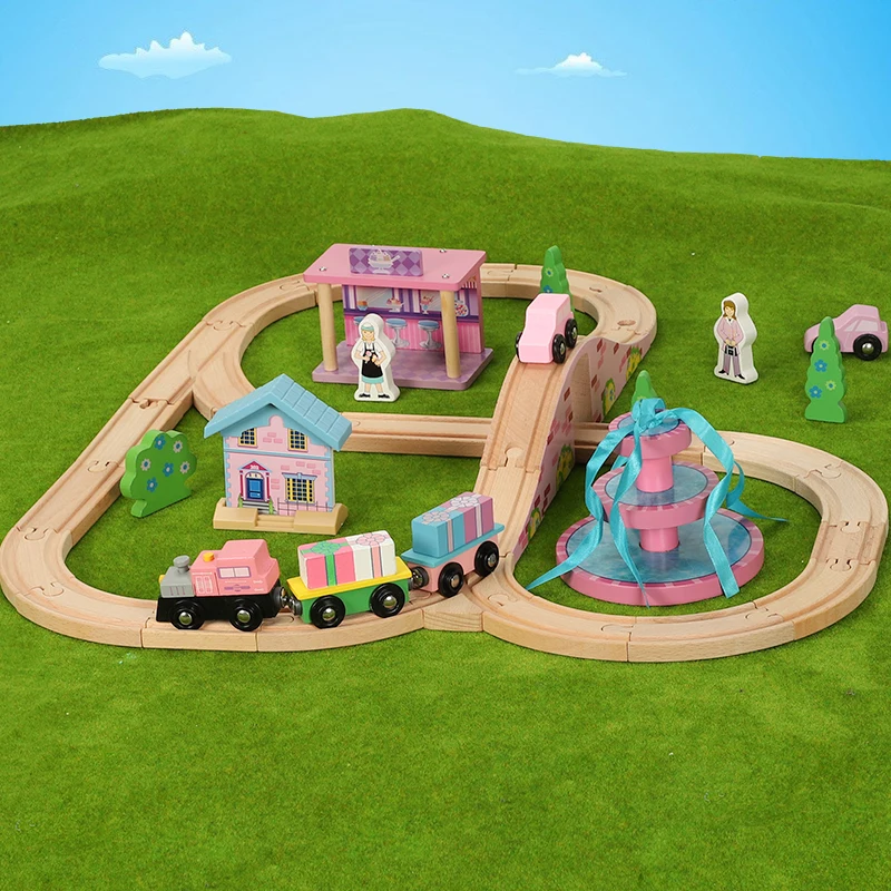 

Pink Fountain Scene Set Gifts Children Compatible Wooden Thoma train Track Toy Compatible With Brio Train Tracks Children's Toy