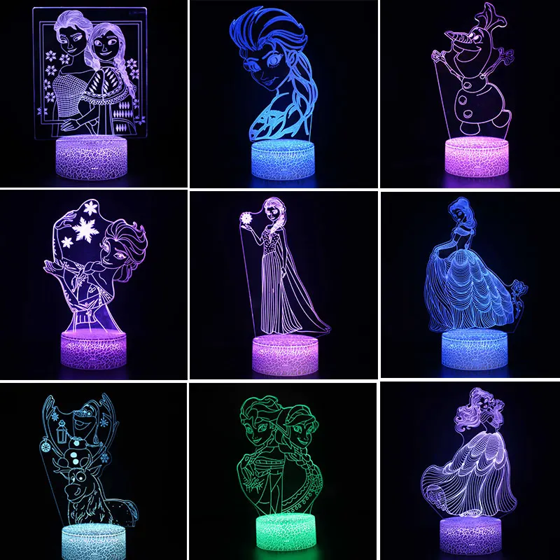 Queen Elsa and Anna Pricness 3D LED Light Children LED Night Light Olfa Sven Animal Light 3D Illusion Table Lamp for Girls Gift