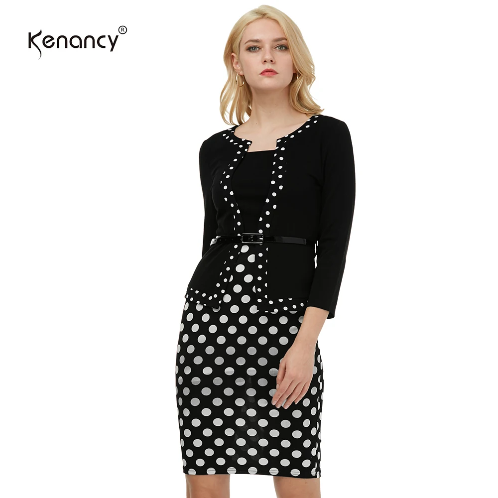 Kenancy, модное, контрастное, цветное, стильное, женское платье для работы, 3/4 рукава, имитация двух частей, платье-карандаш, в горошек, с поясом