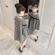 Элегантное повседневное платье-рубашка в клетку с длинными рукавами для девочек, модные подростковые блузки, платья, От 4 до 13 лет