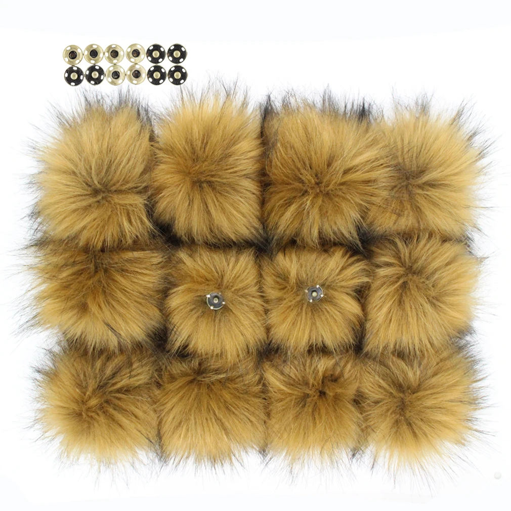 Pack of 12 Faux Raccoon Fur 14cm/5.5inch Pom Poms Fluffy Ball w/ Press  Button