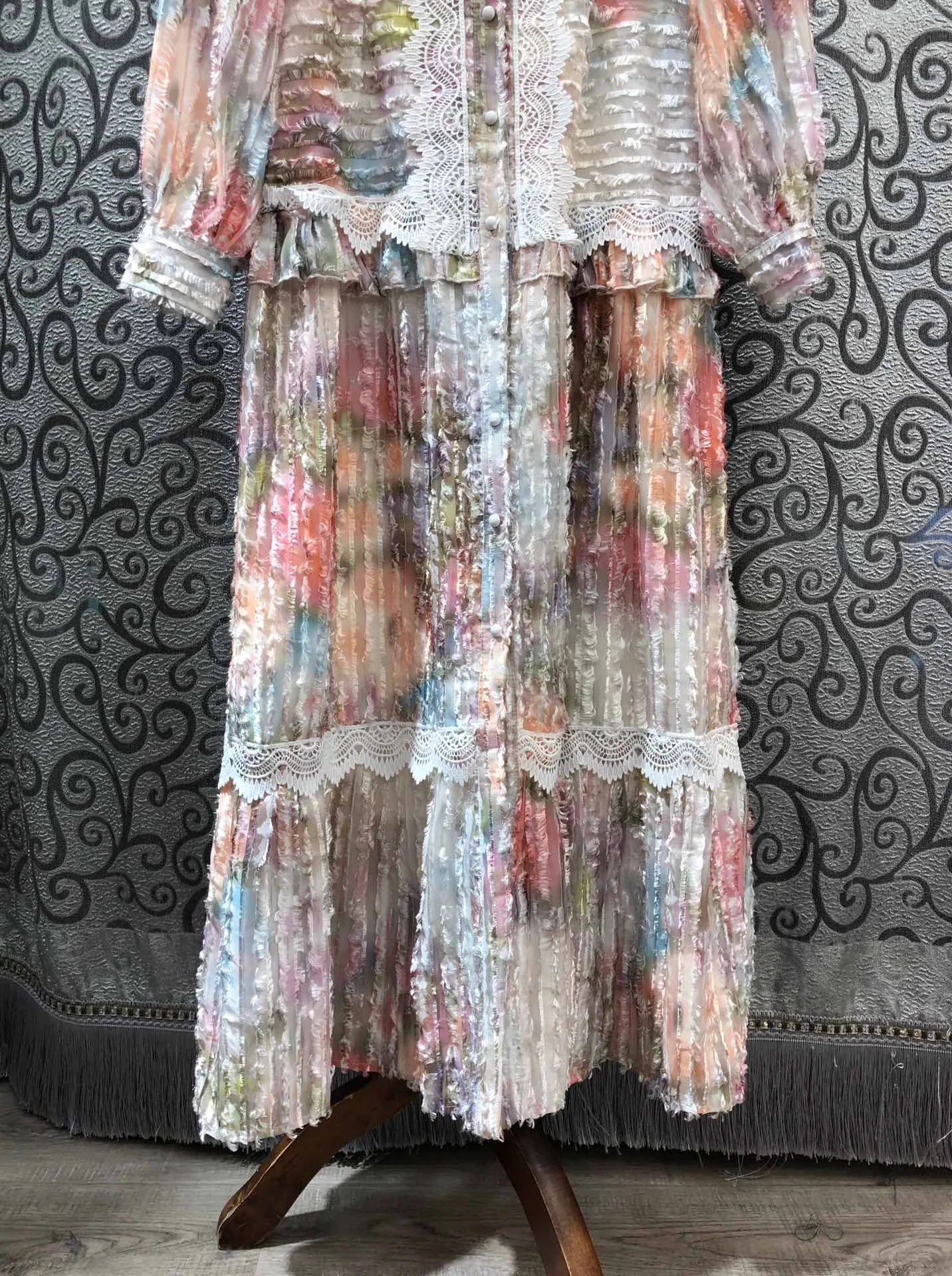 New Elegant Vintage Lace Print Bohemian Midi Long Sleeve Dress Three Size Free Shipping