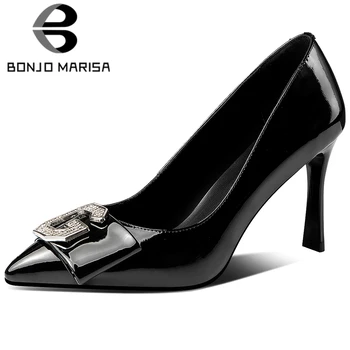 

BONJOMARISA Brand New Ladies Genuine Leather Pumps Fashion Metal Decoration High Heels Pumps Women Party Ol Sexy Shoes Woman