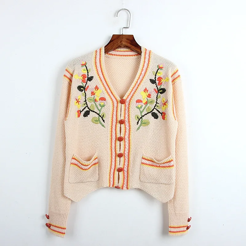 

Designer Runway Women Cardigans 2019 Autumn Sweater Short Loose Flower Hand Knitted Embroidery V-neck Casual Coat Outwear