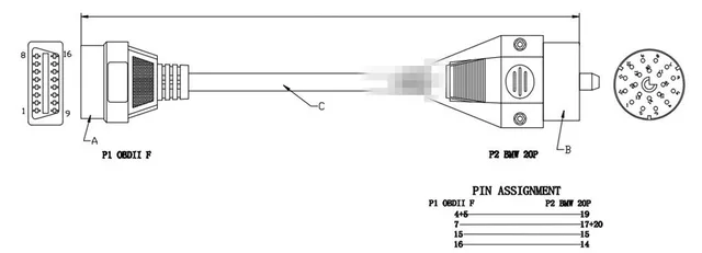 Câble Adaptateur OBD Mâle 20 Broches Rond Vers OBD2 Femelle 16 Broches Connecteur Connector Pour Scanner De Diagnostic 20 Pin Obdii Voiture Bmw E36 E38 E39 E46 E53 X5 Z3 91942759