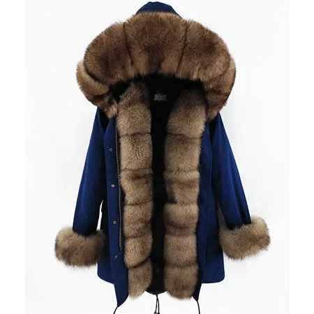 Woman winter new casual real fur coat parkas Real Fox Fur Collar faux fur lining Thick Warm Real Fur Coat Long Parka - Цвет: 4