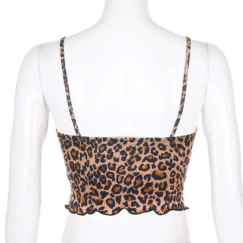 Women’s Fashion Leopard Camisole Summer Sexy Bow Lace Edge V-neck Slimming Cami Top Ladies Wild Casual Street Party Clubwear half camisole