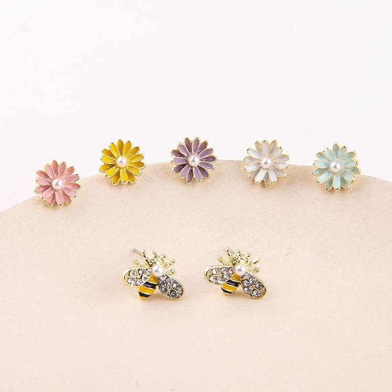 6 шт. серьги в виде цветов маргариток для женщин милые серьги-гвоздики пчелы